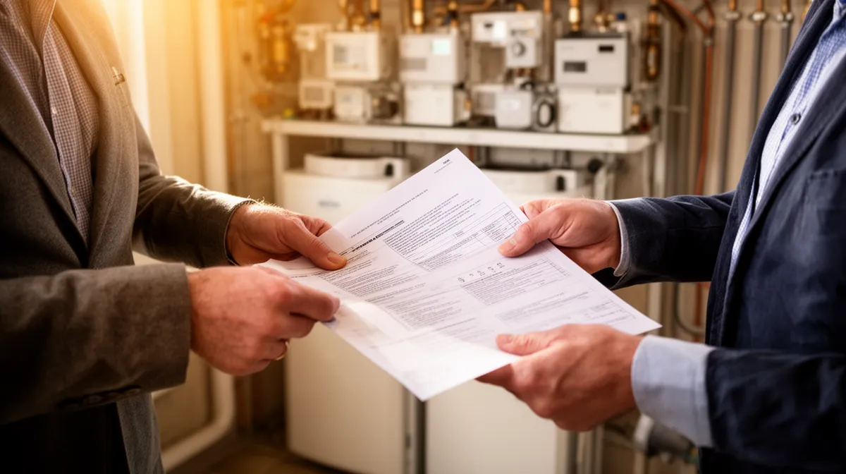 Deux hommes en costume signant un document officiel dans un bureau.