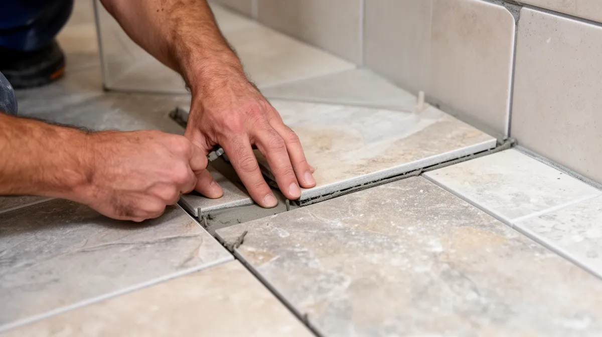 Mains d'un ouvrier posant des carreaux de sol en céramique.