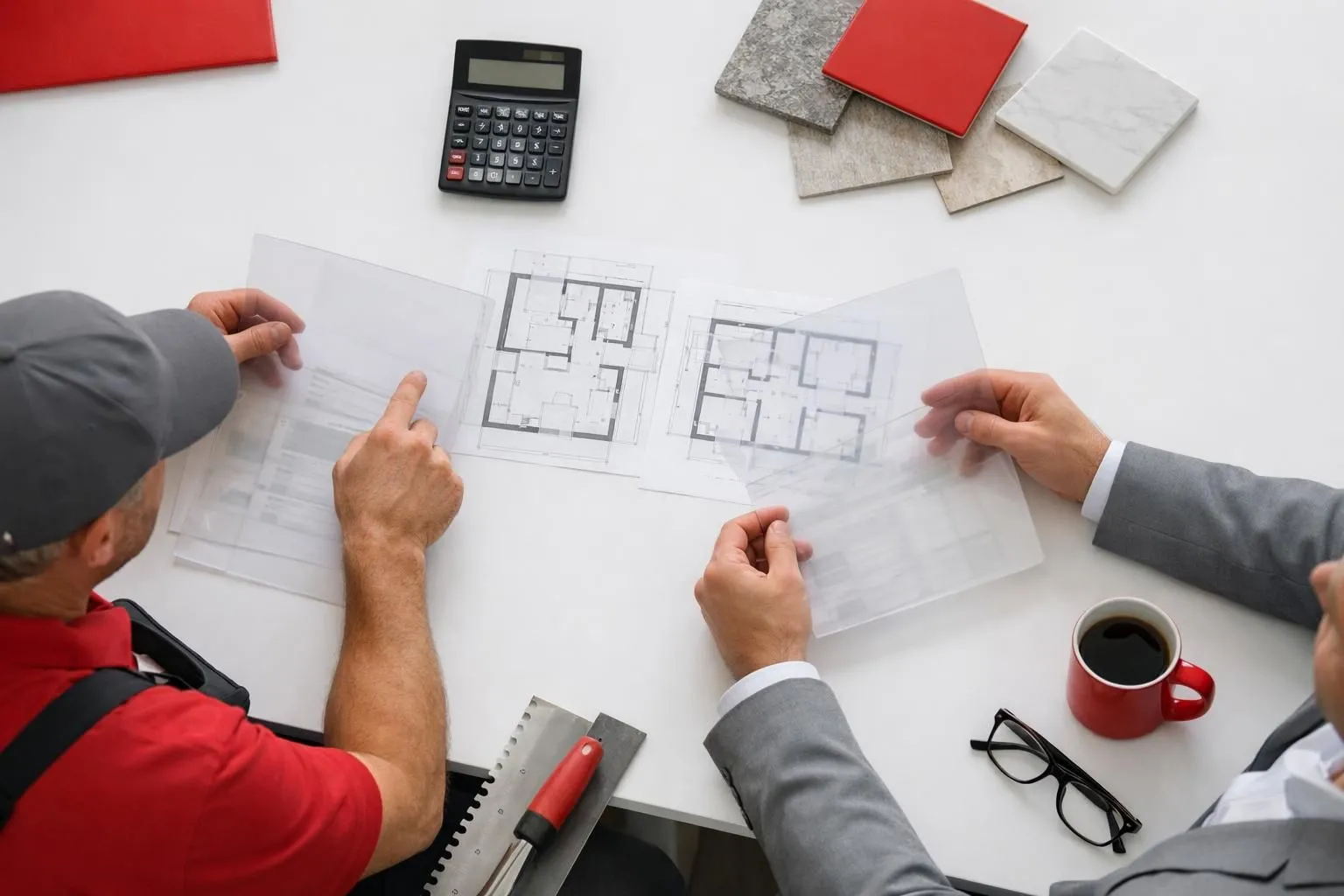 Installateur professionnel de carrelage présentant des documents de ventilation transparente des prix à un client commercial préoccupé lors d'une réunion de consultation dans un bureau suisse moderne, calculatrice et plans au sol visibles sur le bureau, atmosphère de discussion honnête.
