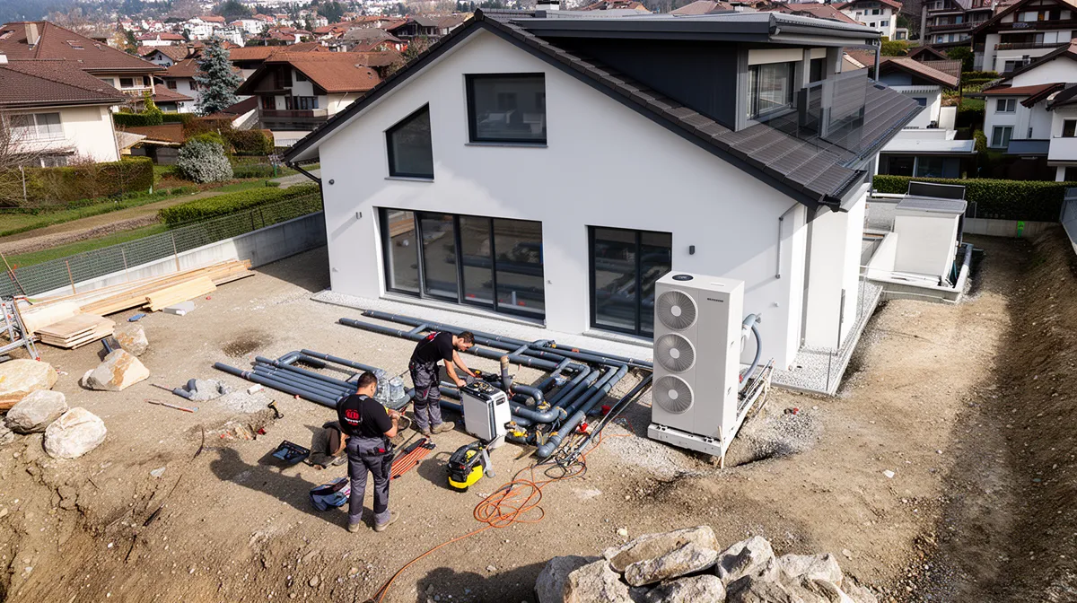 Chantier de construction d'une maison moderne avec équipements et ouvriers.