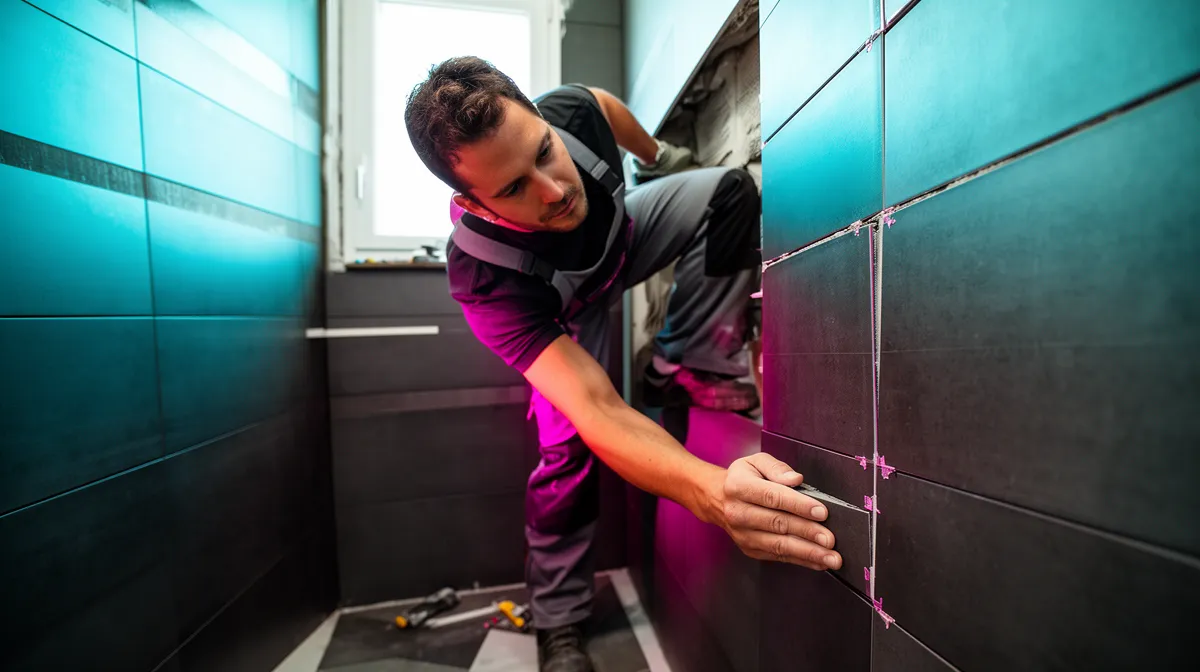 Un homme en combinaison de travail réparant une surface murale.
