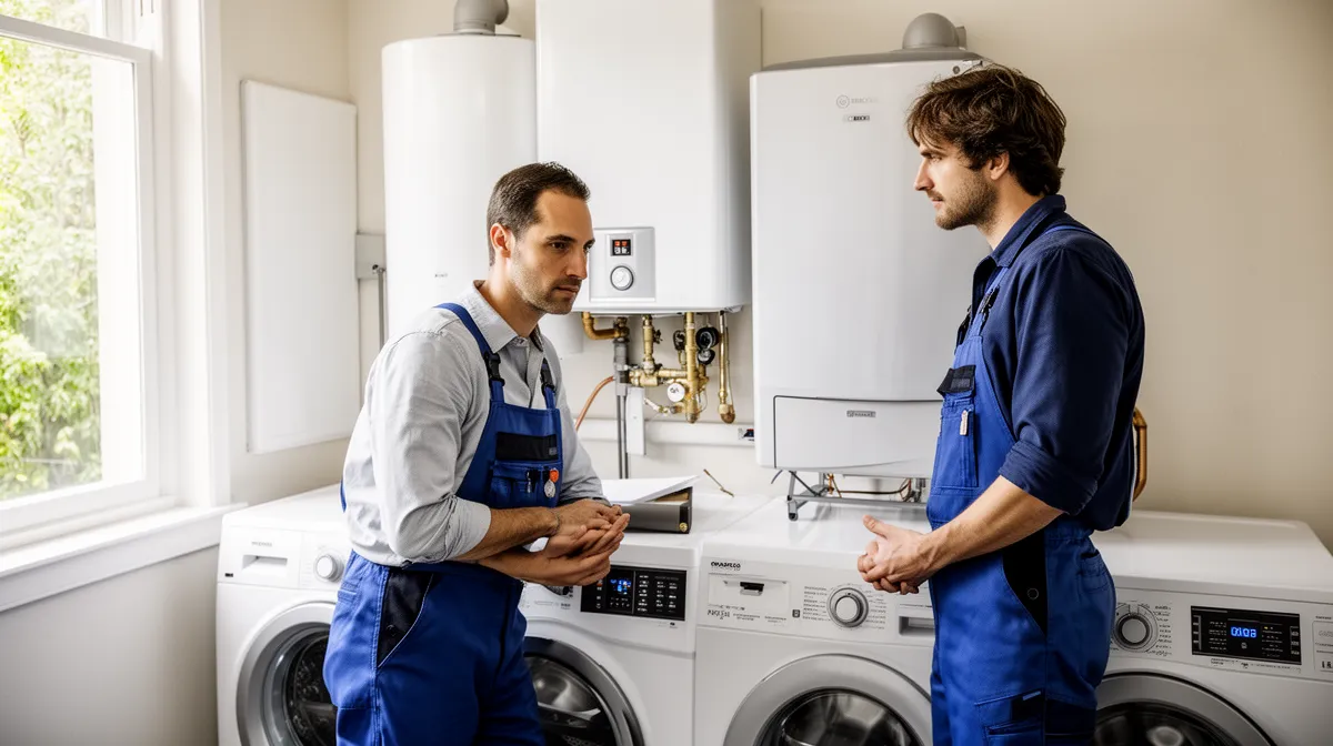 Deux techniciens en uniforme bleu réparant un lave-linge dans une buanderie.
