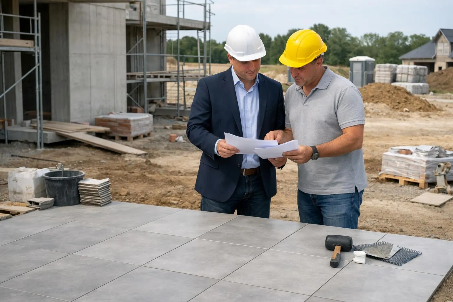 Deux hommes en casques de chantier examinent des plans sur un chantier de construction.