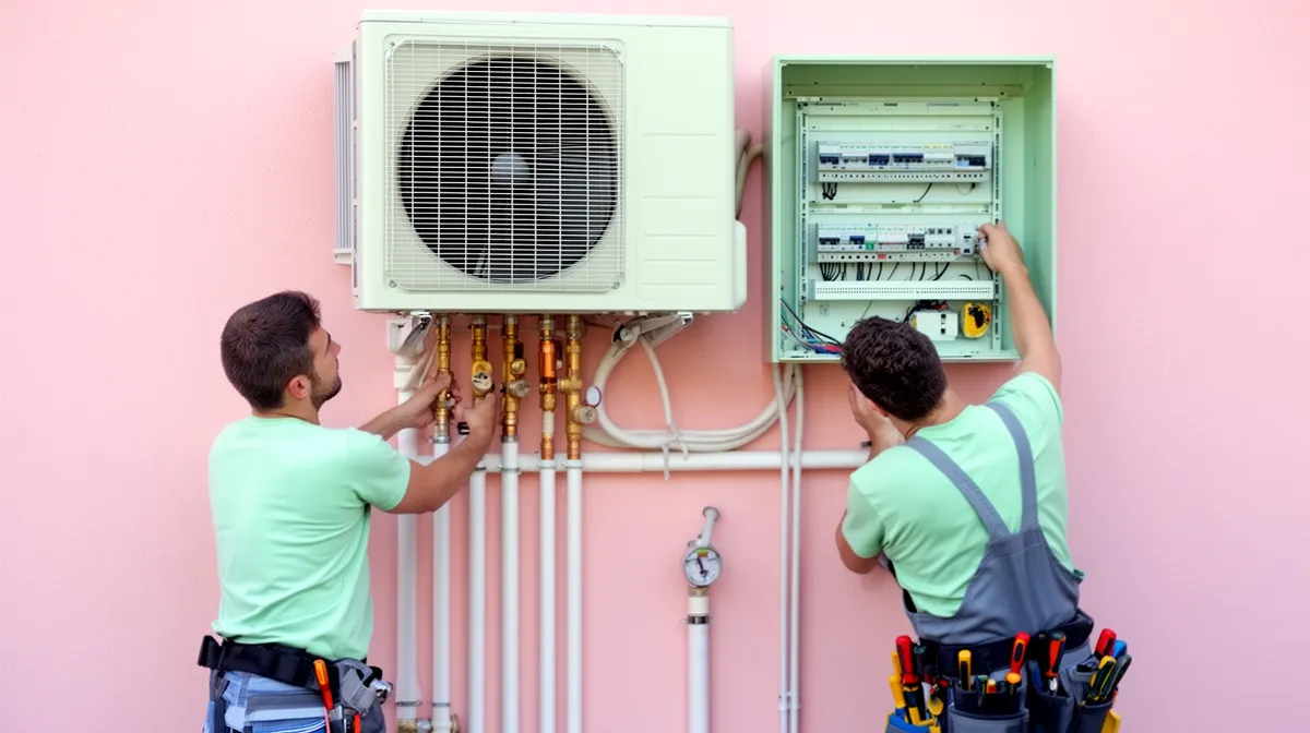 Deux techniciens installant un système de climatisation sur un mur rose.