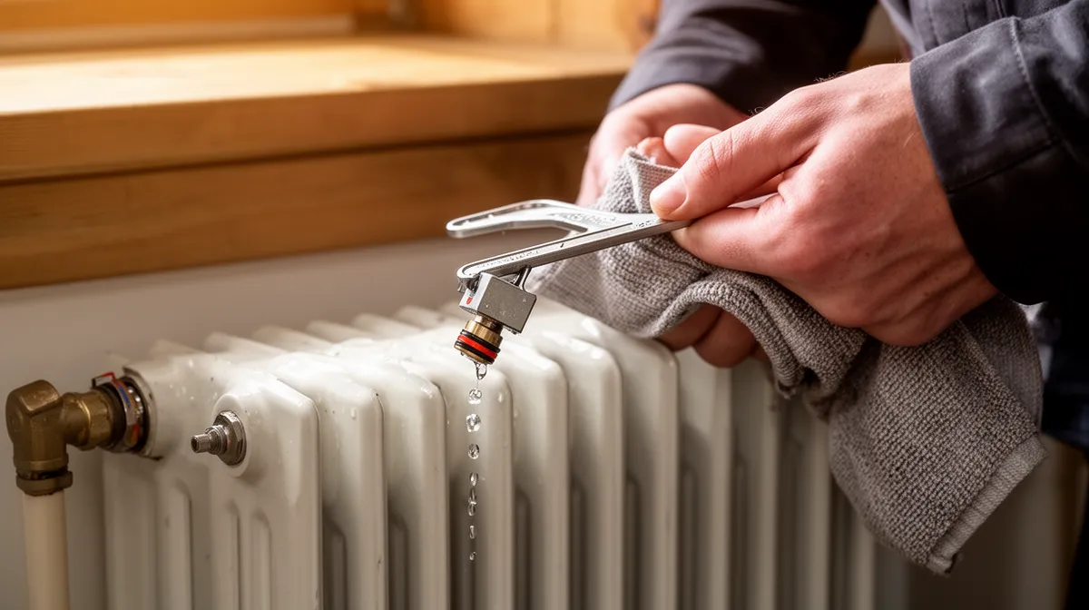 Personne en train de régler un radiateur avec une clé.