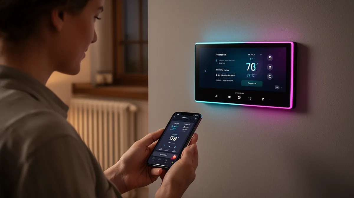 Homme utilisant un smartphone pour contrôler un thermostat connecté.
