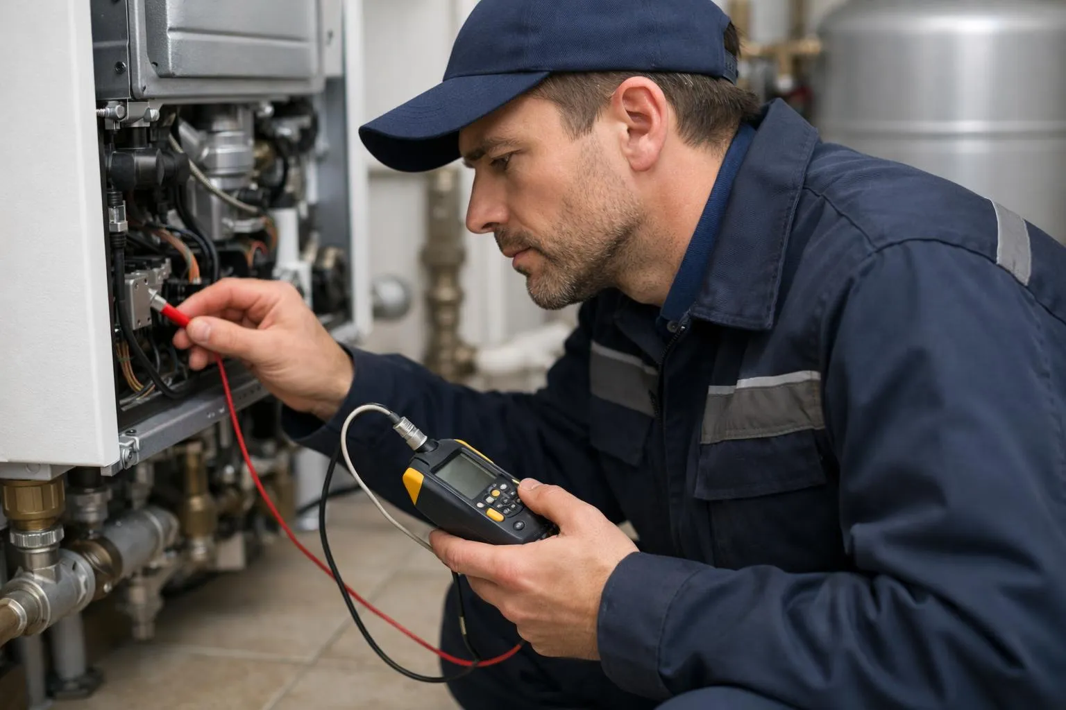 Technicien en uniforme réparant un équipement électronique avec un multimètre.