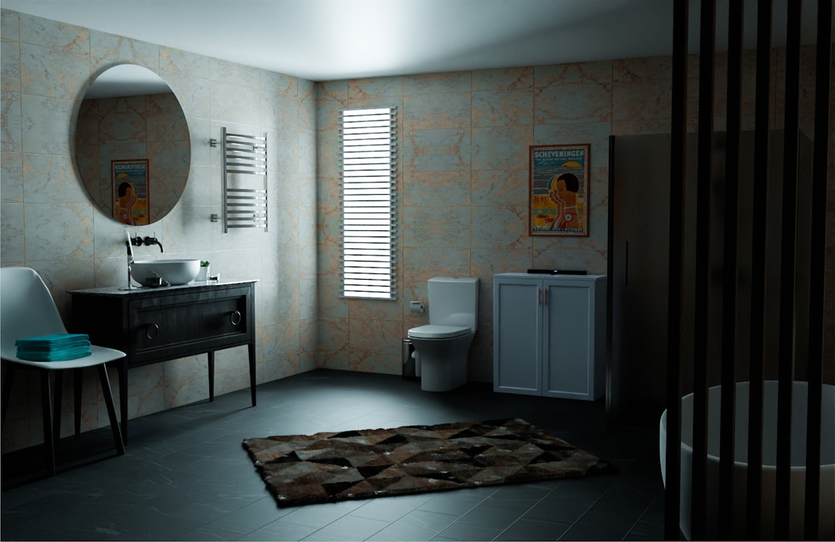 Salle de bain moderne avec carrelage mural, meuble-lavabo noir et décoration vintage.