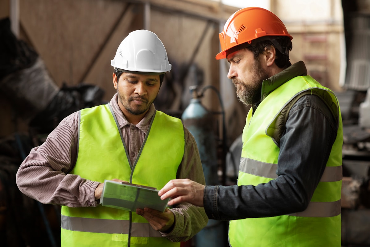Deux travailleurs du bâtiment en discussion sur un chantier.