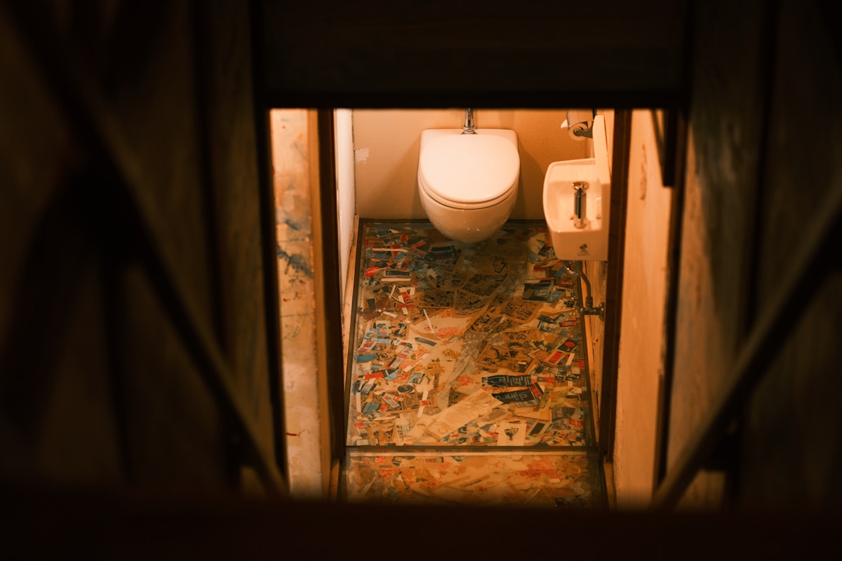 Toilettes avec sol en mosaïque colorée dans un environnement sombre.