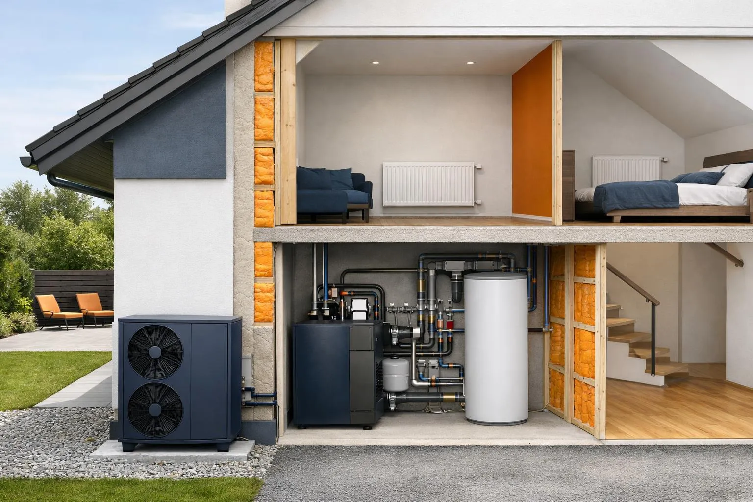 Maison moderne avec système de chauffage et de climatisation intégré.