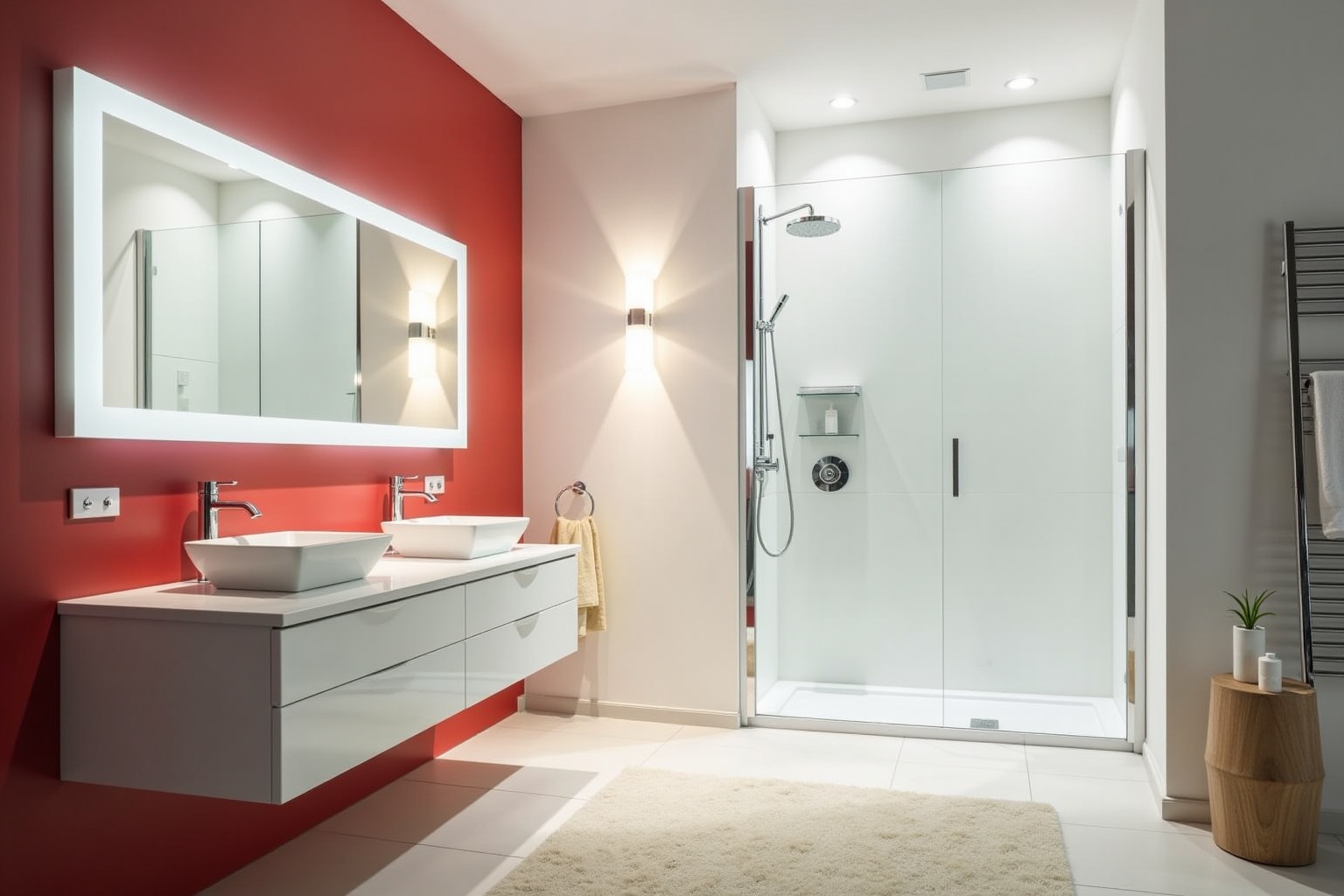 Salle de bain moderne avec murs rouges, vanité grise et douche vitrée.