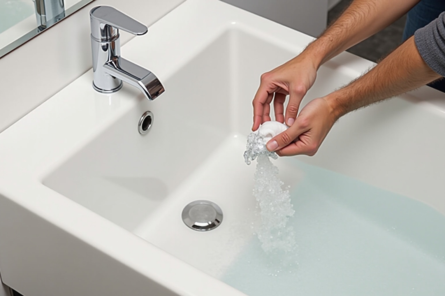 Mains lavant le lavabo avec de l'eau courante.