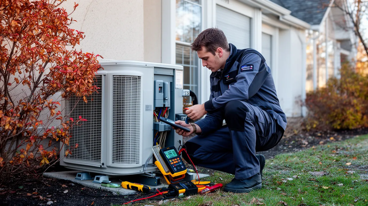Un technicien en climatisation inspecte et répare un système de climatisation extérieur.