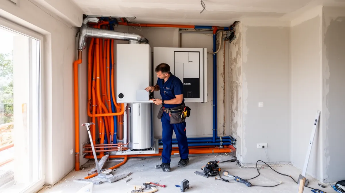 Technicien installant un chauffe-eau dans une nouvelle construction.