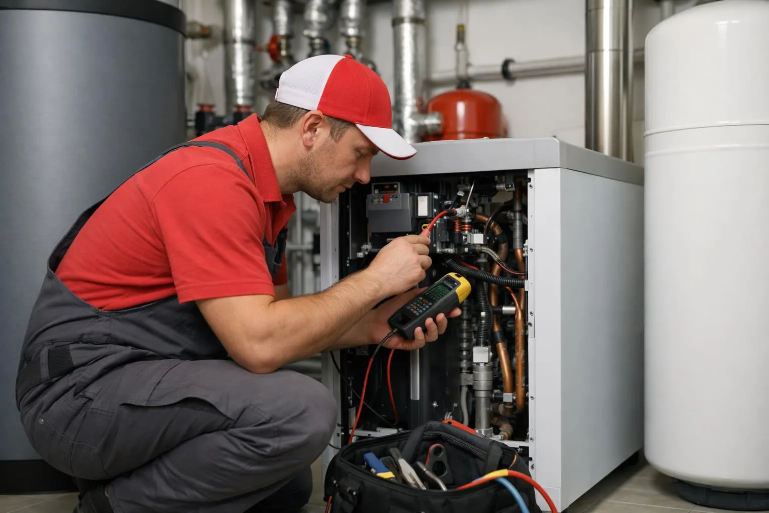 Technicien réparant un chauffe-eau avec des outils électriques.