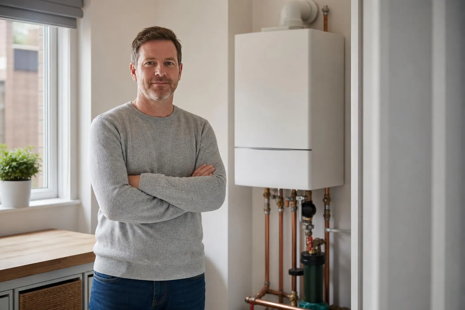 Homme d'âge mûr, souriant, dans une pièce avec un chauffe-eau.