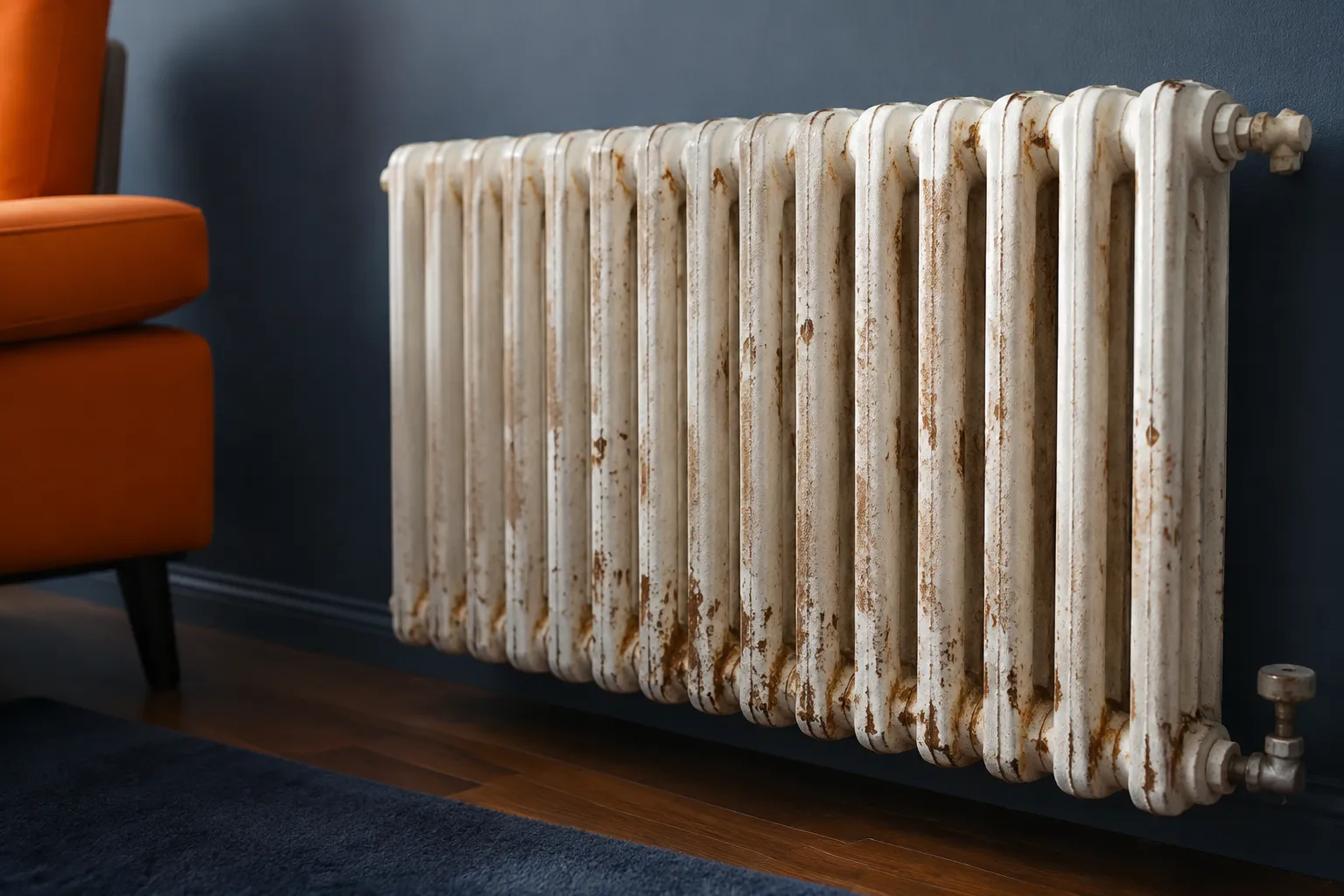 Radiateur en fonte ancien, rouillé et patiné, installé dans une pièce.