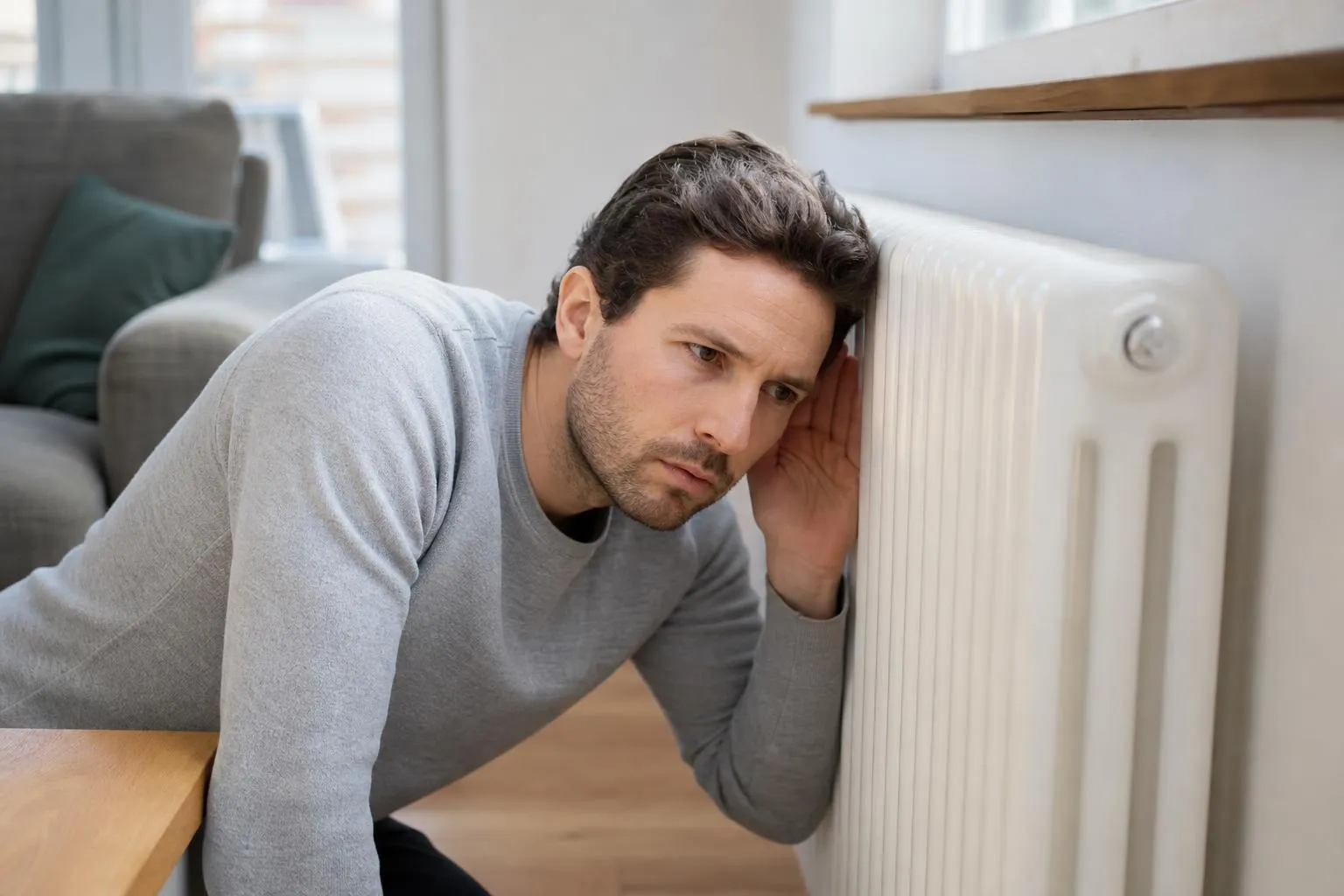 Homme pensif appuyé contre un radiateur dans un intérieur.