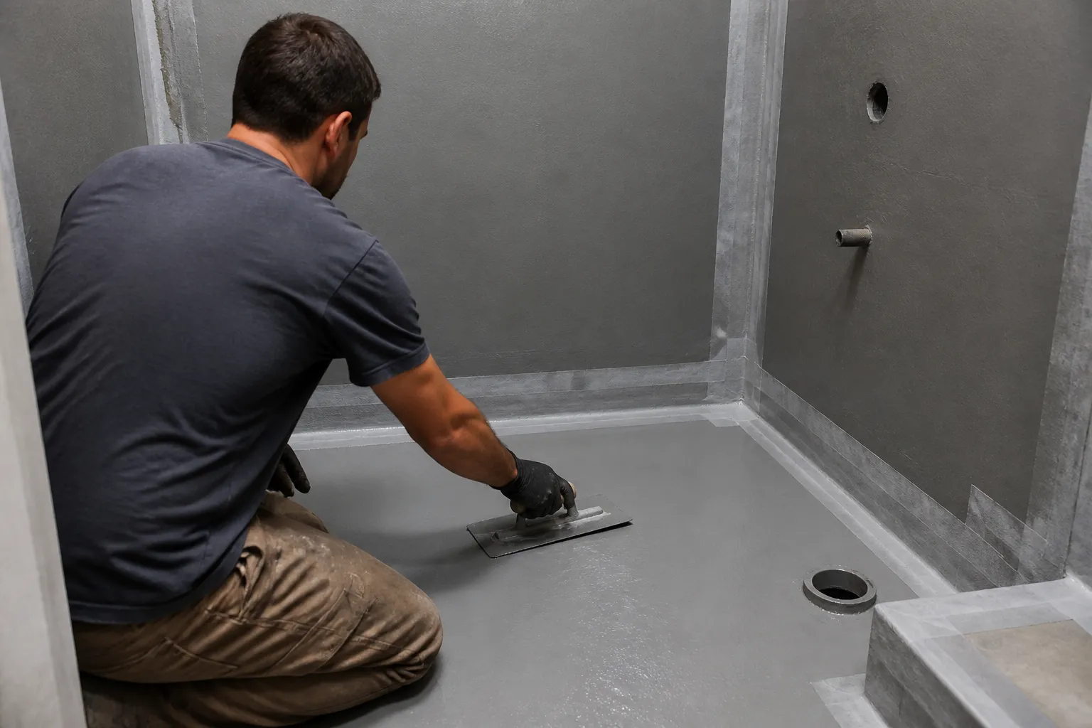 Ouvrier appliquant un enduit sur le sol d'une salle de bain.
