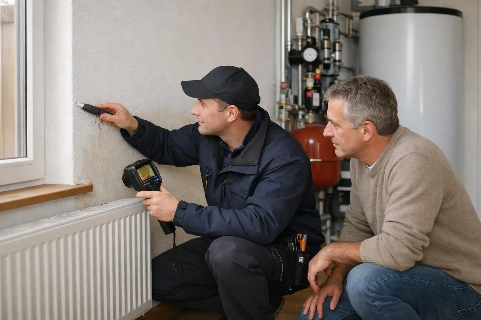 Deux hommes inspectant un radiateur dans une pièce.