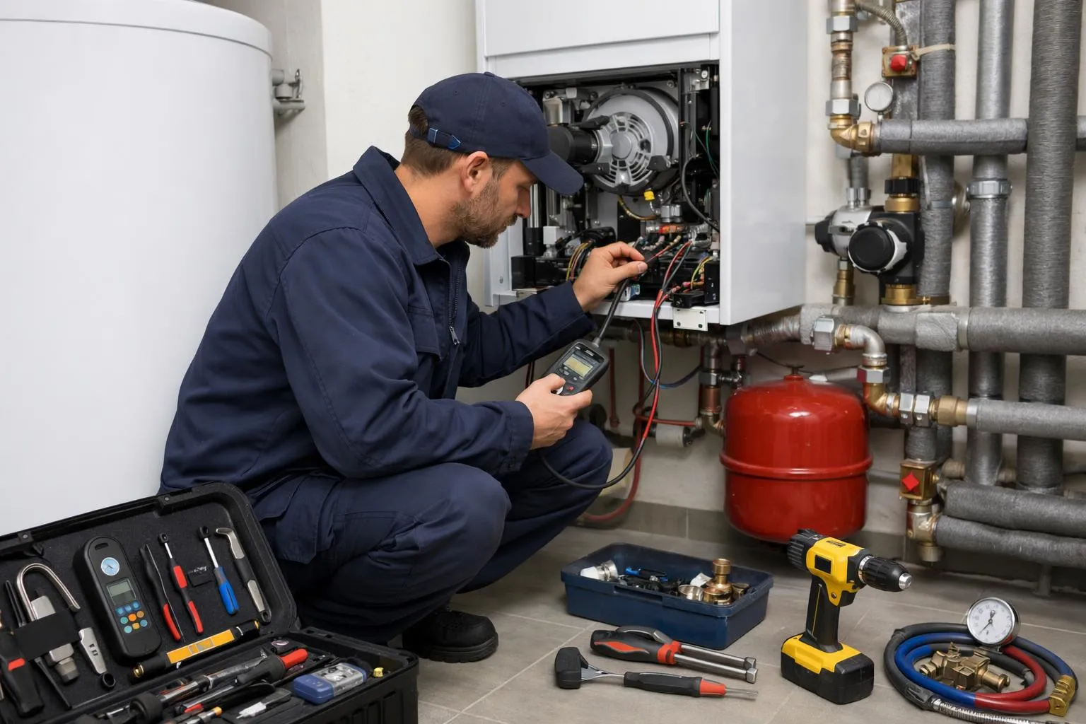 Technicien de maintenance réparant un système de chauffage avec des outils.