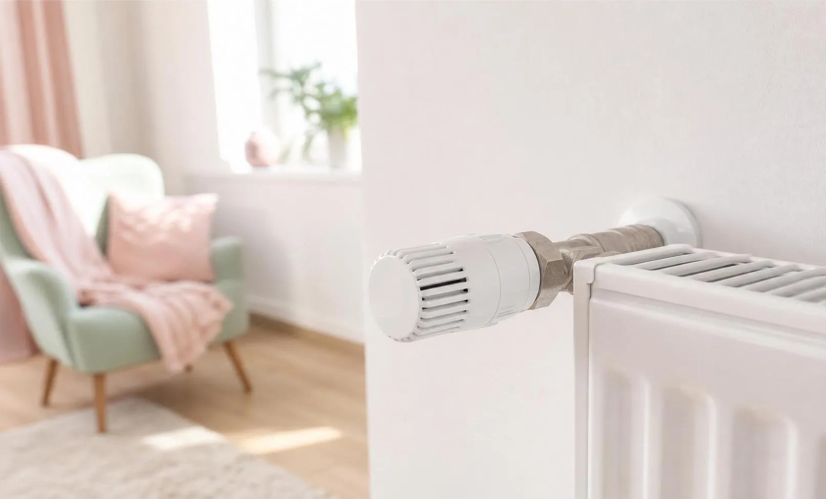 Radiateur blanc dans une pièce lumineuse avec fauteuil rose.