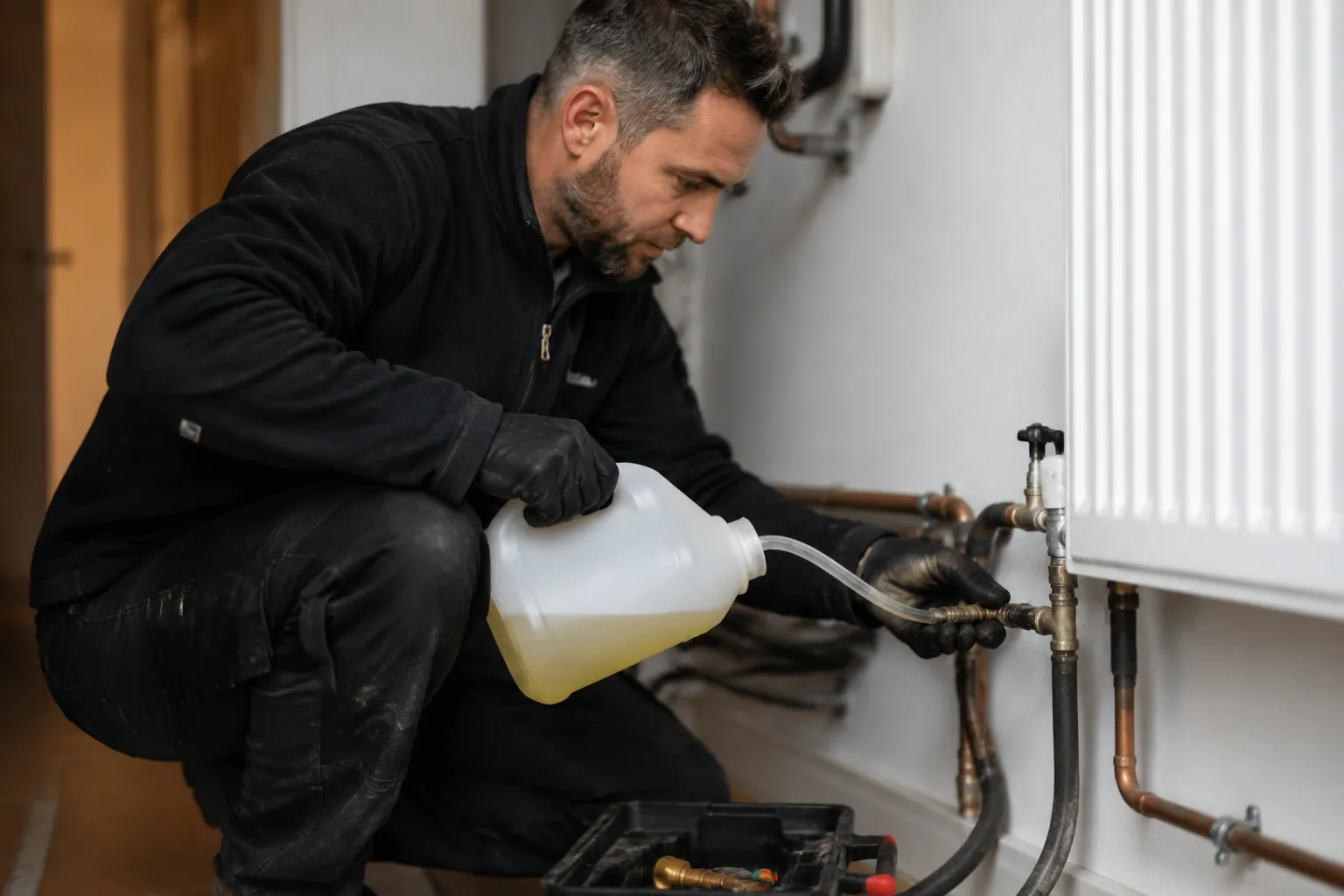 Un homme en tenue de travail effectue une réparation de plomberie.