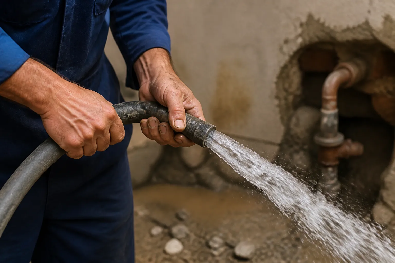 Mains d'un plombier réparant une fuite d'eau.
