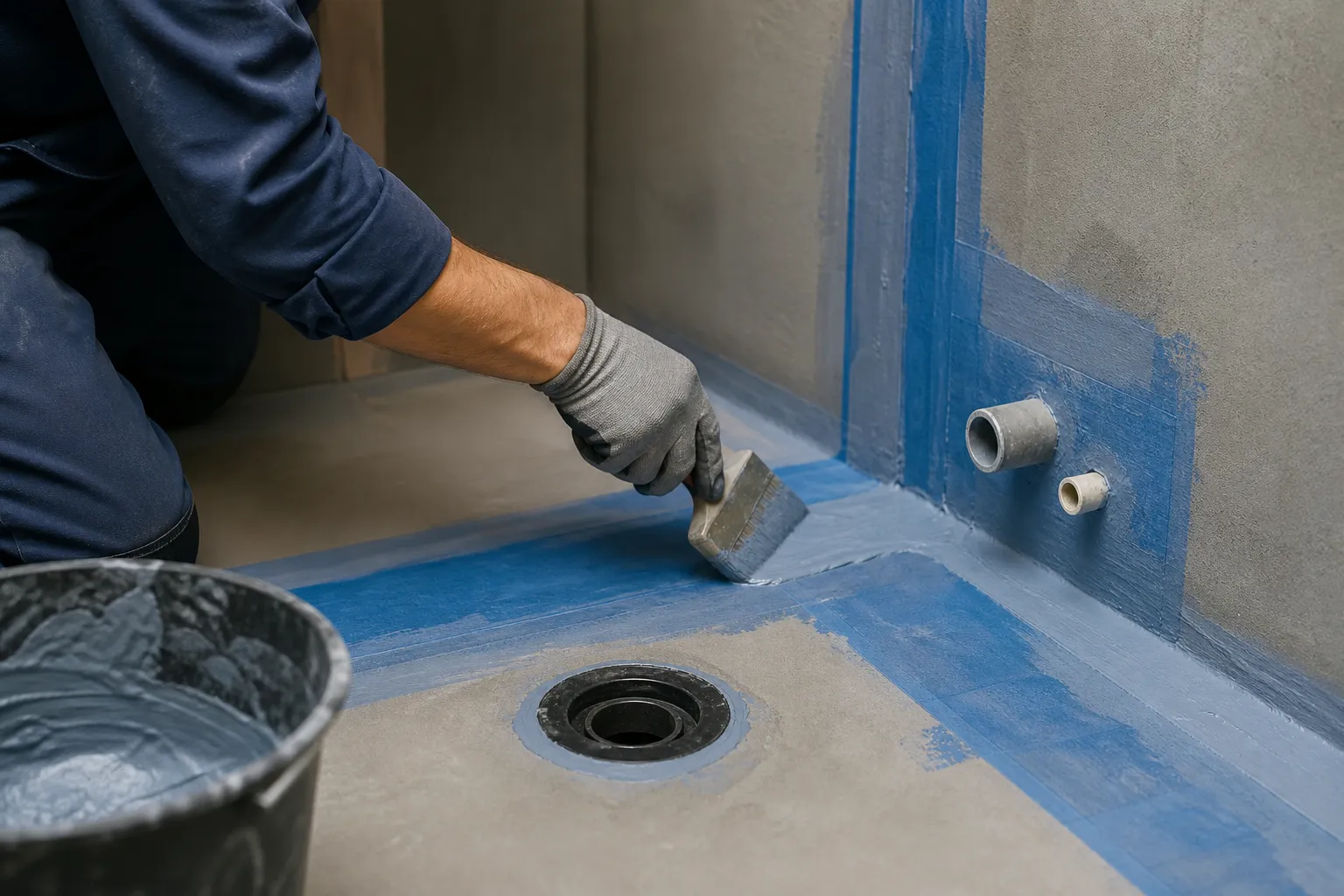 Ouvrier appliquant de la peinture bleue sur un mur.