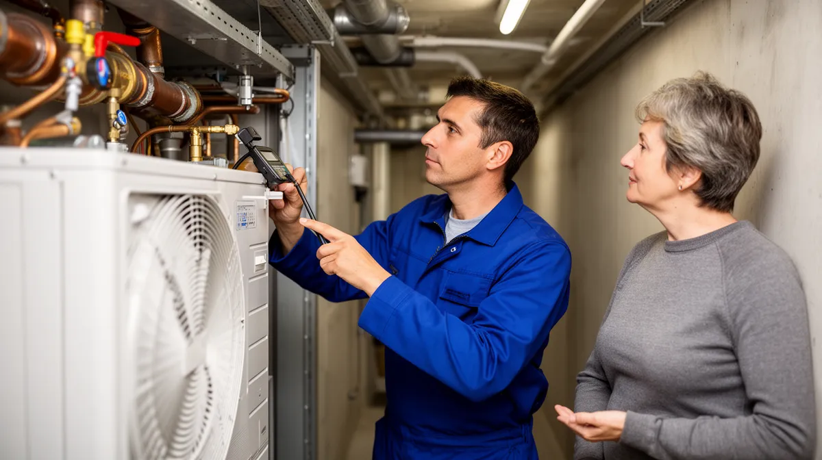 Technicien en uniforme bleu examinant un système de chauffage avec une cliente.
