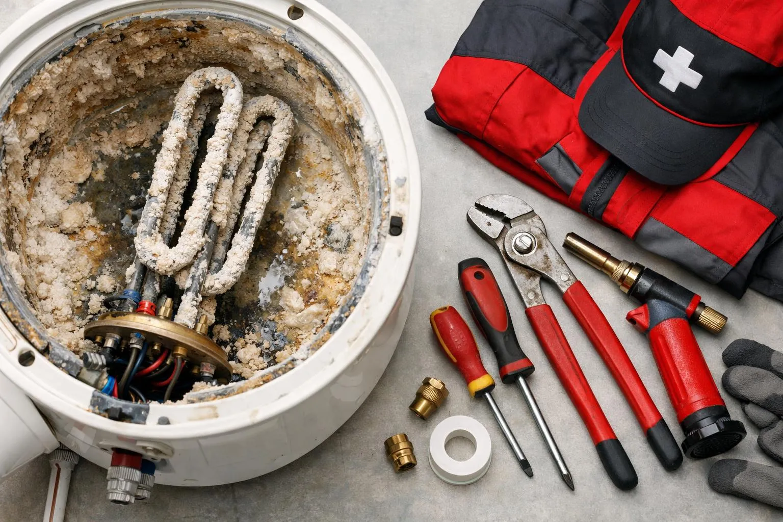 Outils et équipements de plomberie avec chauffe-eau encrassé.