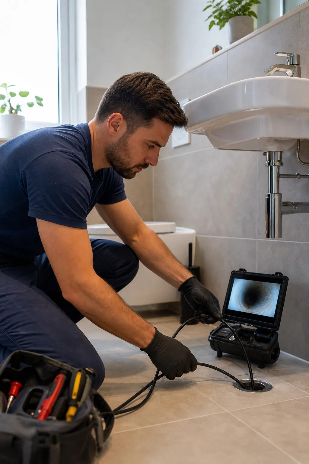 Plombier utilisant une caméra d'inspection dans la salle de bain.