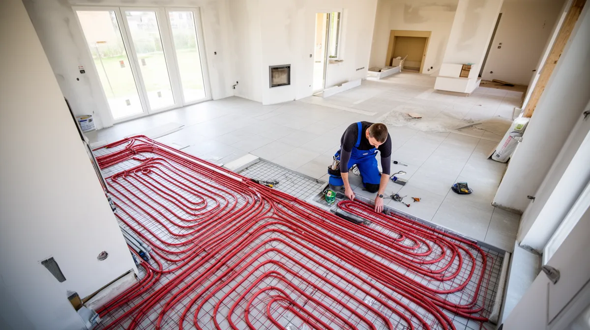 Ouvrier installant un système de chauffage au sol dans une nouvelle construction.