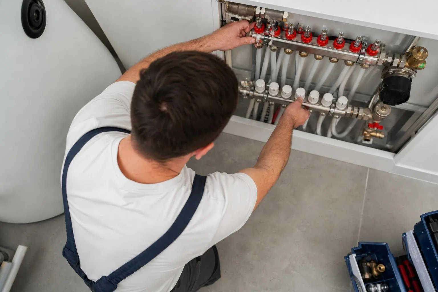 Technicien de chauffage vérifiant les commandes d'un système de chauffage.
