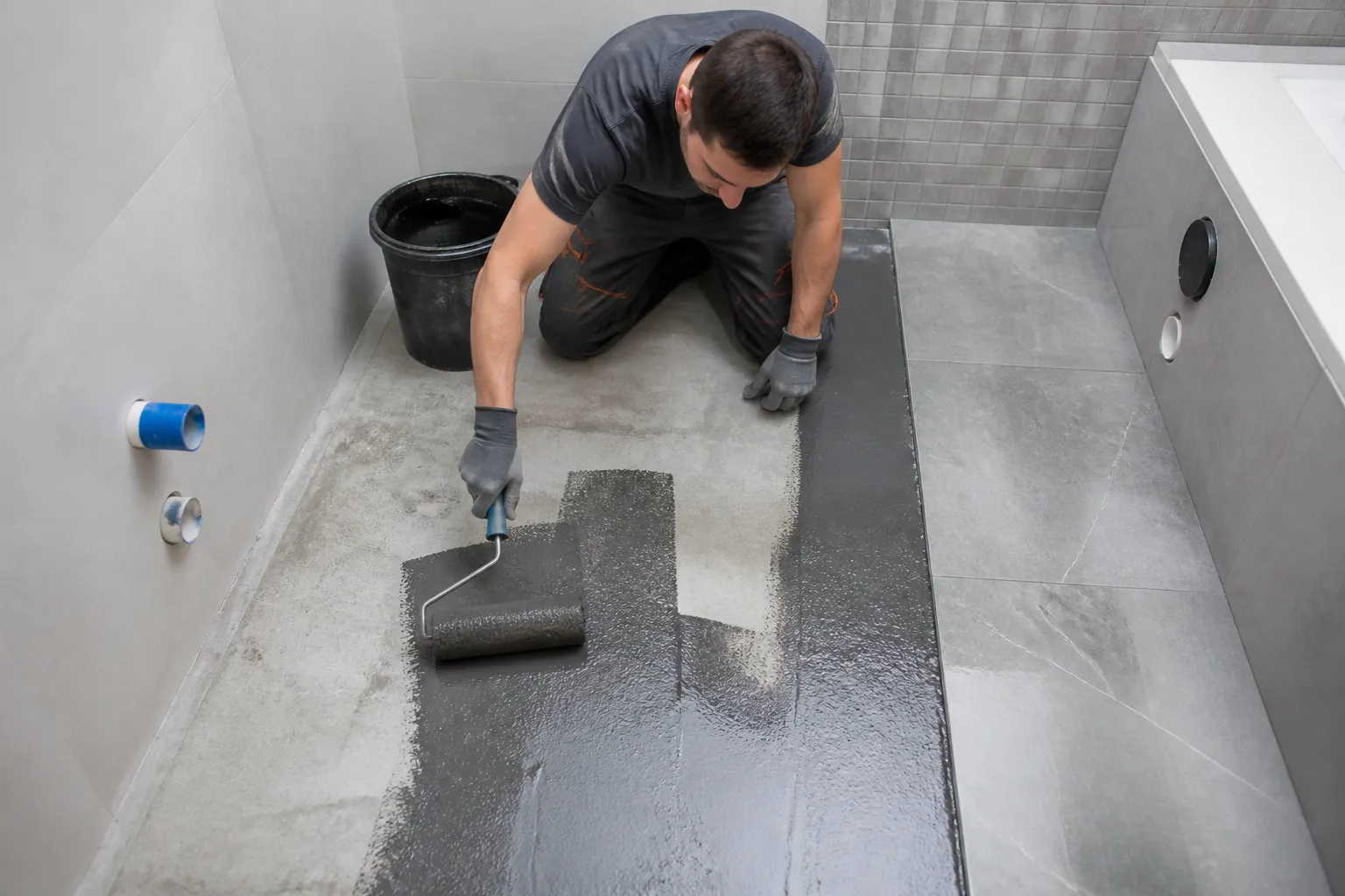 Homme appliquant un revêtement de sol gris dans une salle de bain.