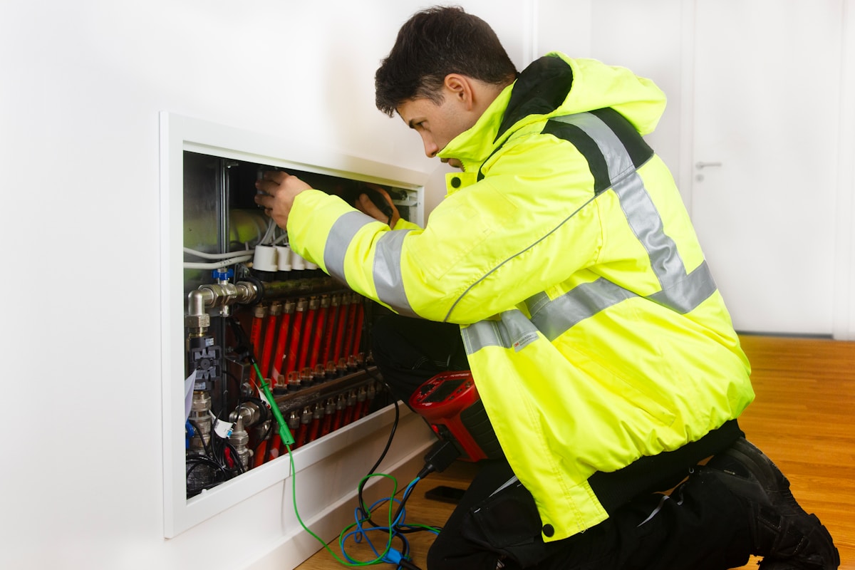 Technicien en uniforme jaune réparant un équipement électrique.