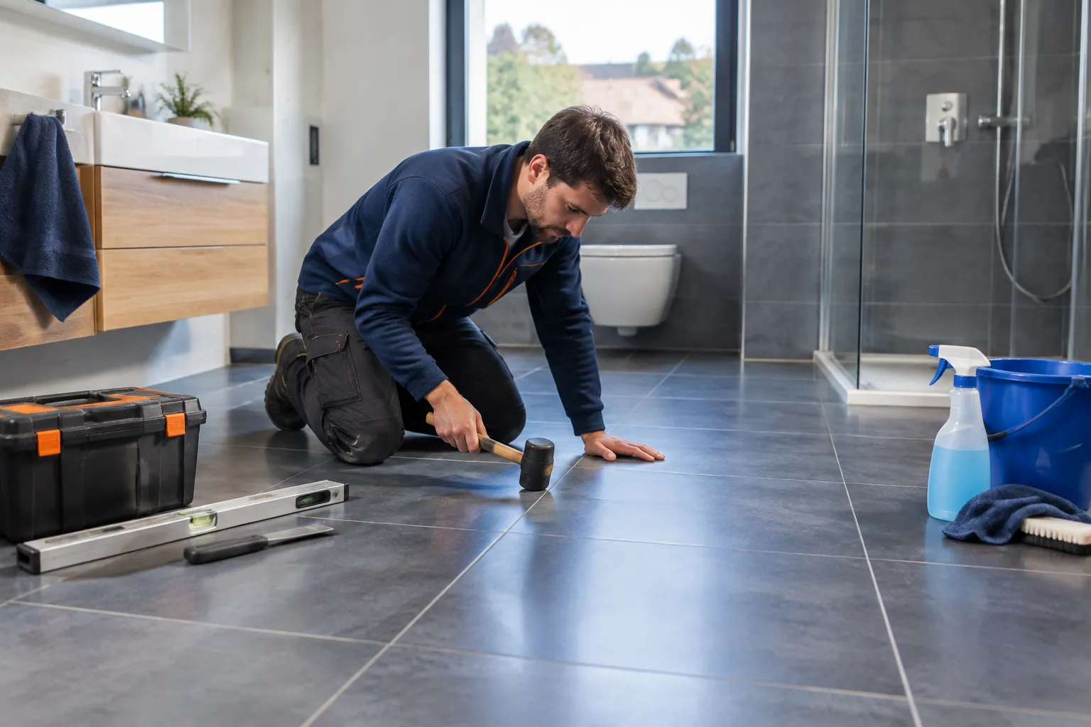 Plombier pose des carreaux dans une salle de bains moderne