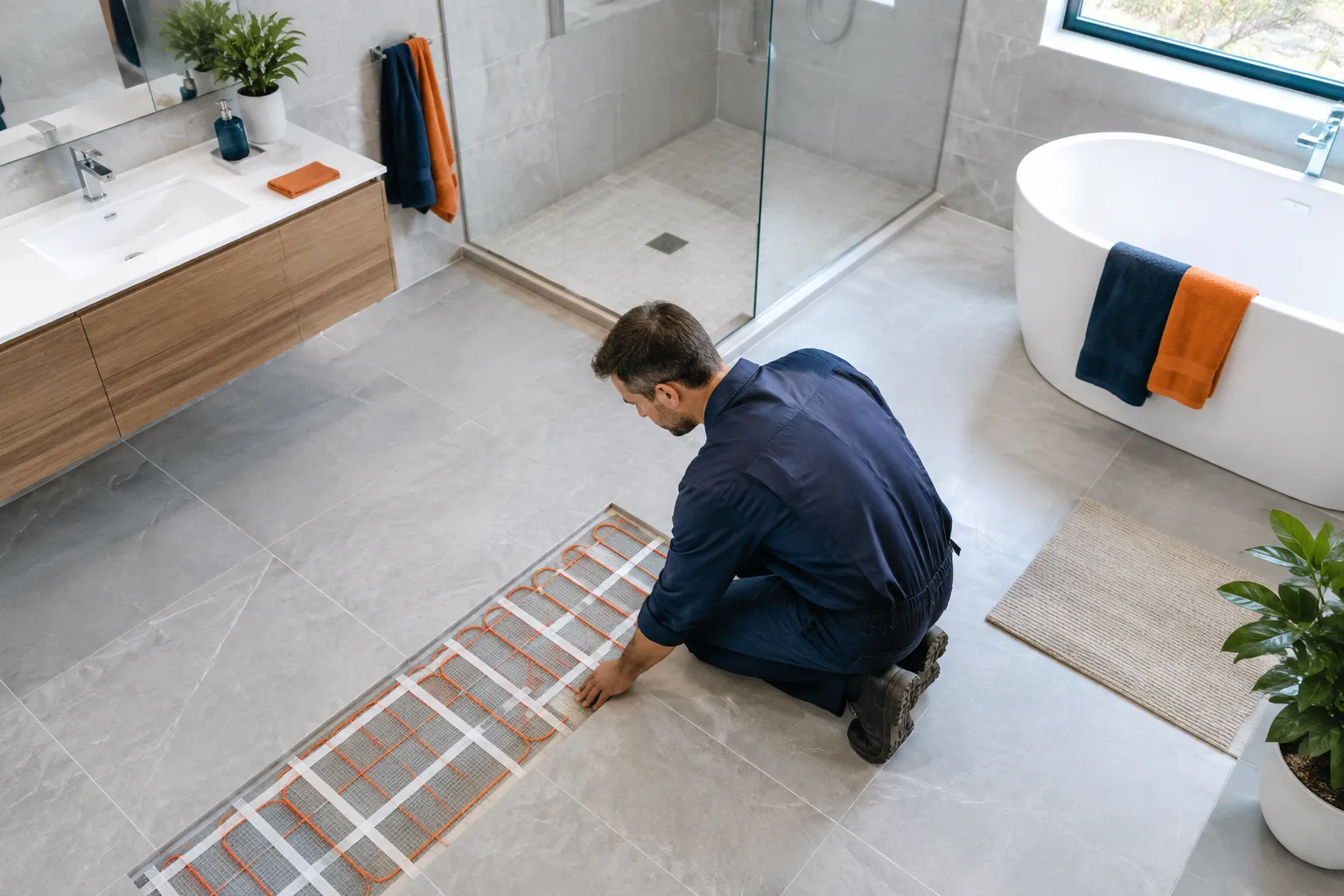 Installateur posant un chauffage au sol dans une salle de bains