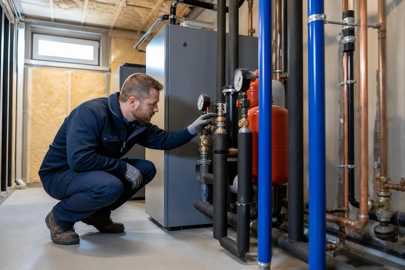 Technicien inspectant une chaudière et ses tuyauteries industrielles.