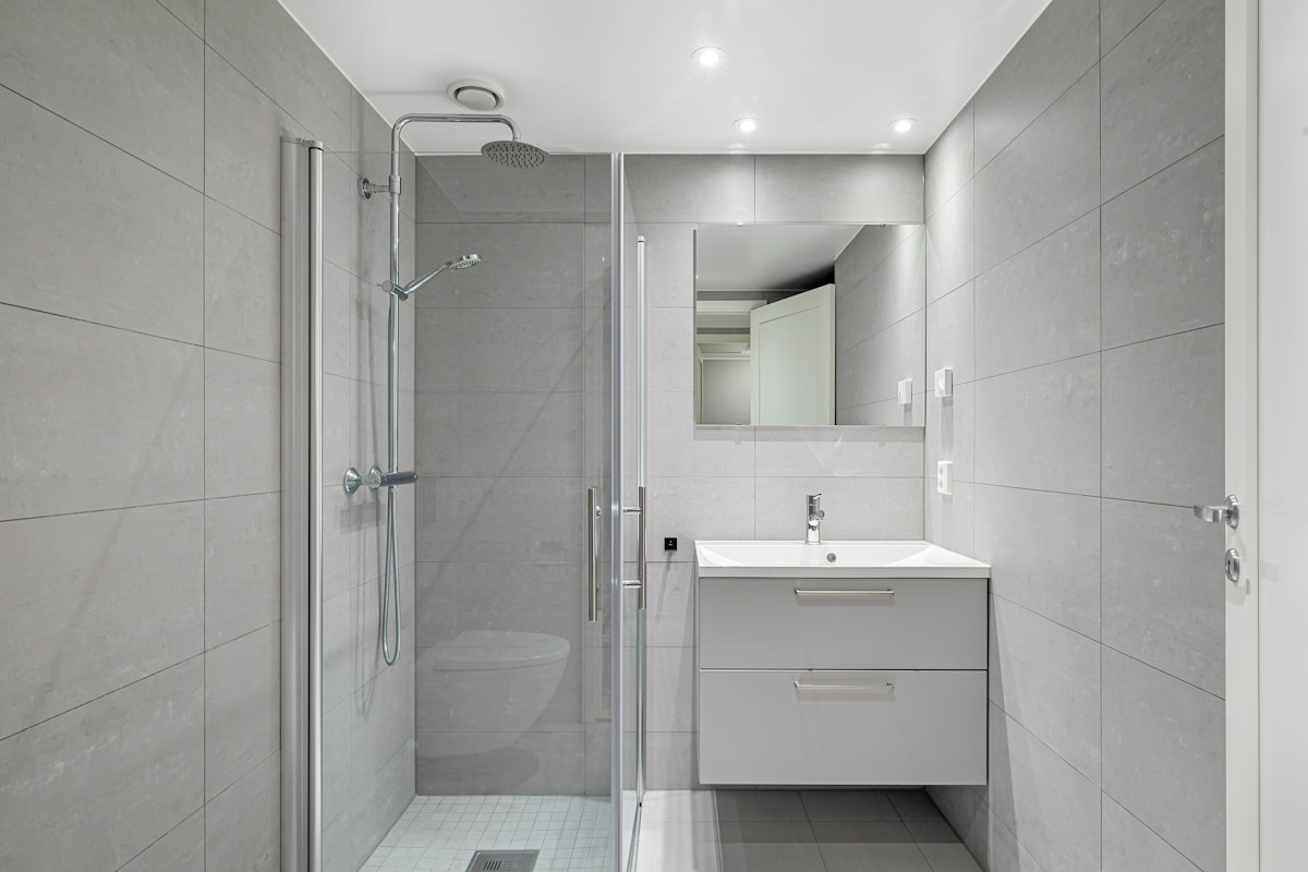 Salle de bain moderne avec douche, lavabo et miroir.