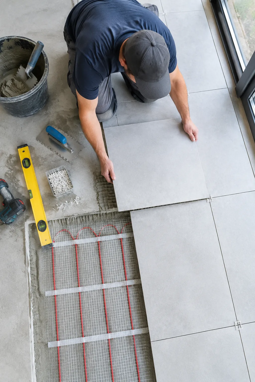 Poseur installant des carreaux sur plancher chauffant électrique