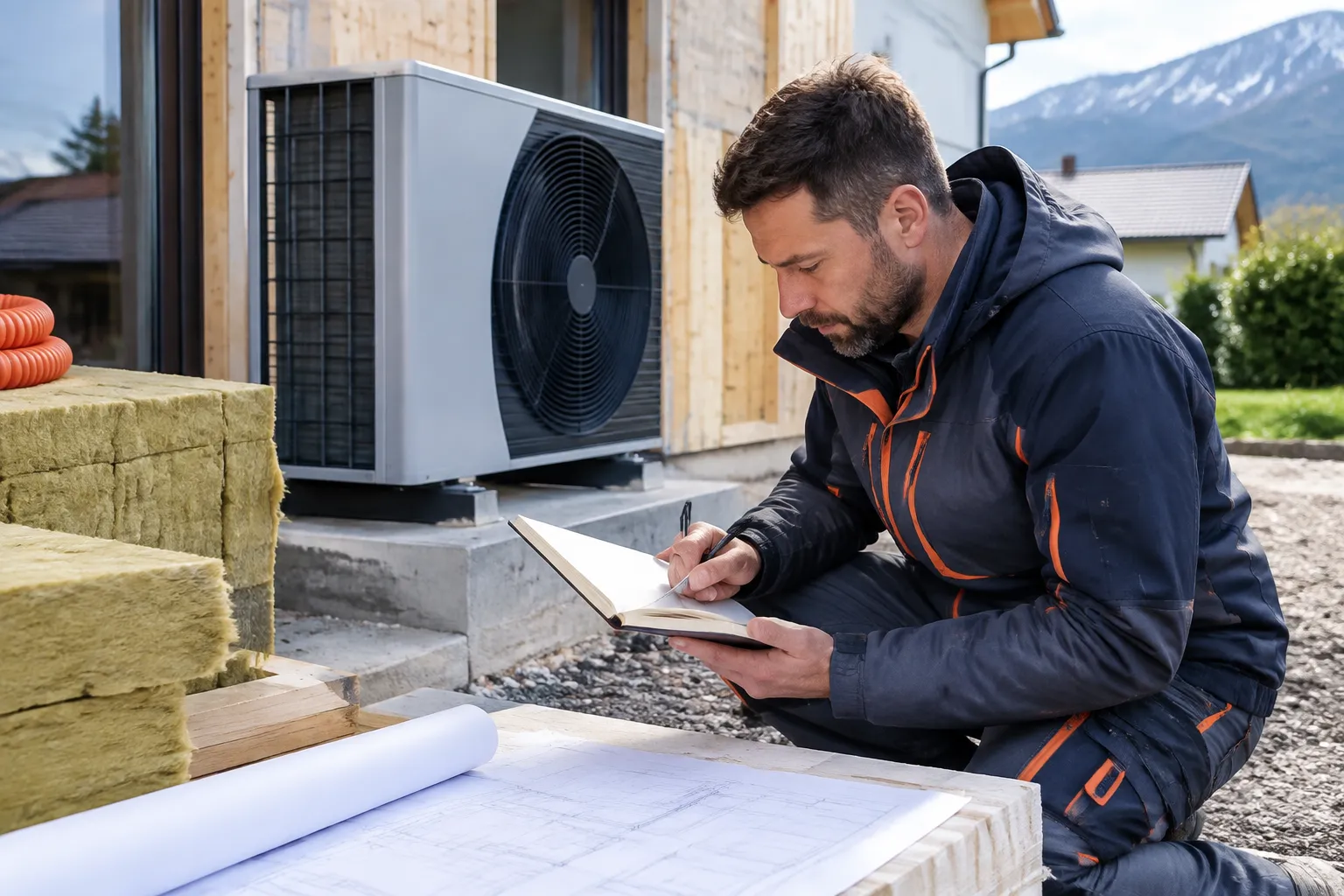 Technicien note des plans près d’une pompe à chaleur extérieure