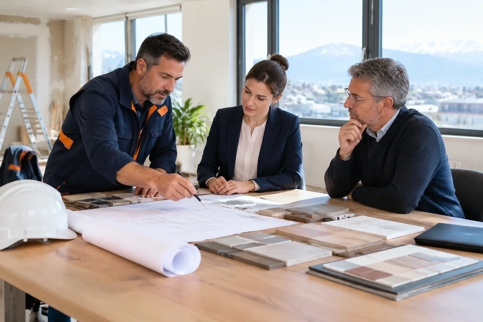 Architecte et clients examinent des plans de rénovation intérieure.