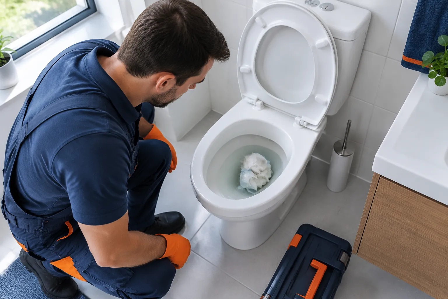 Plombier examinant des toilettes bouchées avec gants orange.