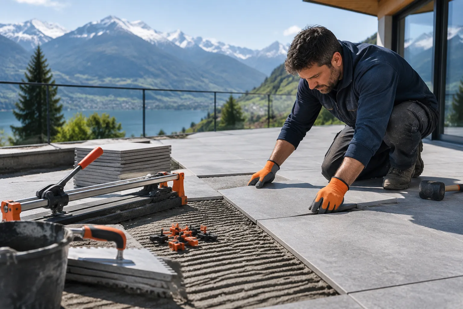 Poseur installe des dalles sur terrasse, montagnes et lac en arrière-plan
