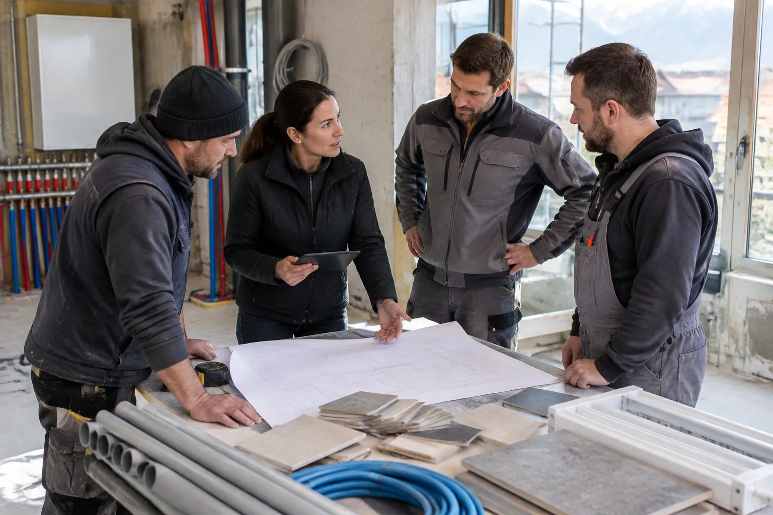 Équipe d’ouvriers discutant autour de plans de chantier.