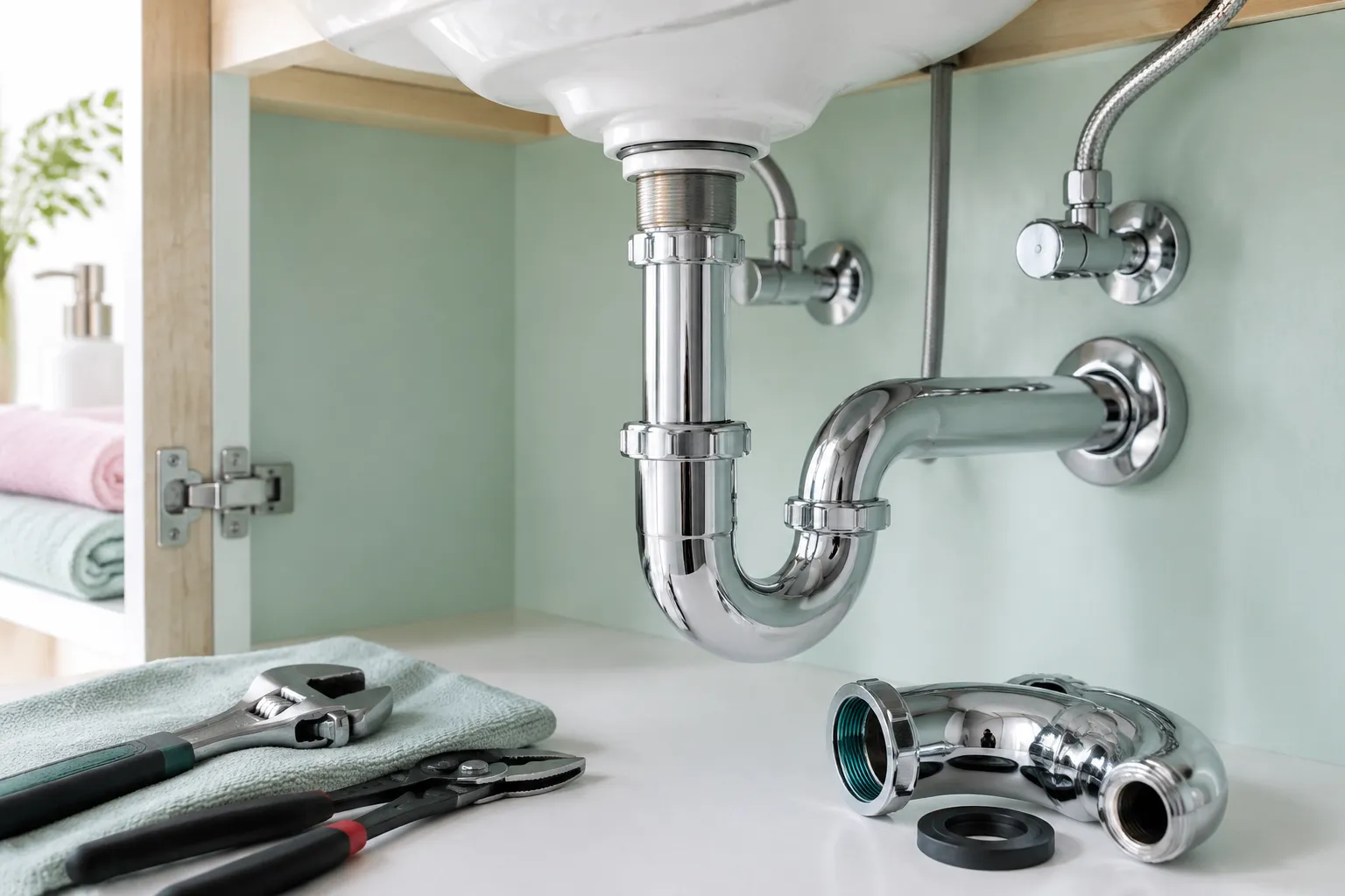 Siphon chromé sous lavabo avec outils et pièces détachées